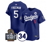 Men's Los Angeles Dodgers #5 Freddie Freeman Royal 2024 World Series With No. 34 Patch Cool Base Stitched Baseball Jersey