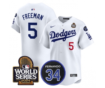 Men's Los Angeles Dodgers #5 Freddie Freeman White 2024 World Series With Fernando Memorial Patch Limited Stitched Baseball Jersey