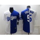 Mens Los Angeles Dodgers #5 Freddie Freeman White Blue Split Cool Base Stitched Baseball Jersey