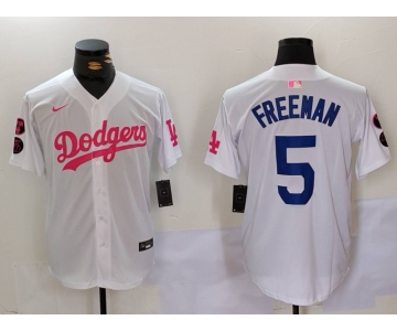 Men's Los Angeles Dodgers #5 Freddie Freeman White Pink Vin & Kobe Patch Stitched Baseball Jersey