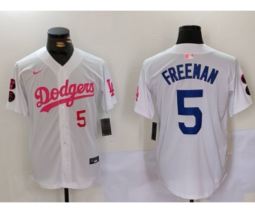 Men's Los Angeles Dodgers #5 Freddie Freeman White Pink Vin & Kobe Patch Stitched Baseball Jerseys