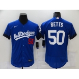 Men's Los Angeles Dodgers #50 Mookie Betts Blue 2021 City Connect Flex Base Stitched Jersey