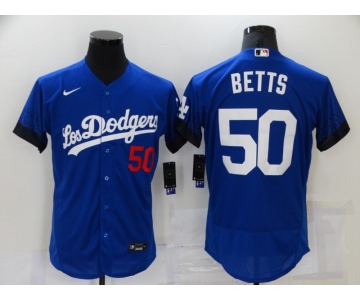 Men's Los Angeles Dodgers #50 Mookie Betts Blue 2021 City Connect Flex Base Stitched Jersey