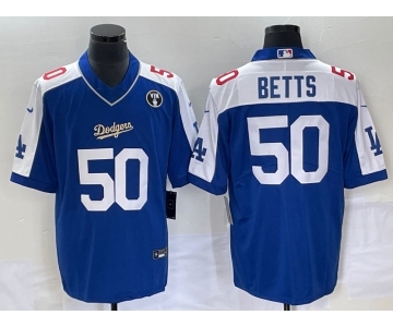 Men's Los Angeles Dodgers #50 Mookie Betts Blue Vin Scully Patch Stitched Jersey