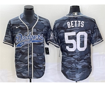 Men's Los Angeles Dodgers #50 Mookie Betts Gray Camo Cool Base With Patch Stitched Baseball Jersey