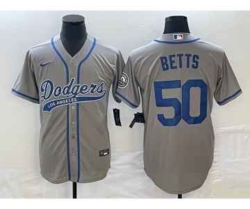 Men's Los Angeles Dodgers #50 Mookie Betts Grey With Patch Cool Base Stitched Baseball Jersey1