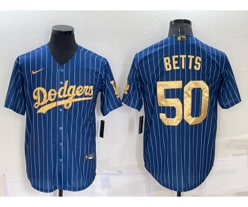 Men's Los Angeles Dodgers #50 Mookie Betts Navy Blue Gold Pinstripe Stitched MLB Cool Base Nike Jersey