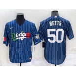 Men's Los Angeles Dodgers #50 Mookie Betts Navy Blue Pinstripe 2020 World Series Cool Base Nike Jersey