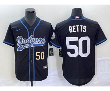 Men's Los Angeles Dodgers #50 Mookie Betts Number Black With Patch Cool Base Stitched Baseball Jersey