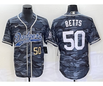 Men's Los Angeles Dodgers #50 Mookie Betts Number Gray Camo Cool Base With Patch Stitched Baseball Jersey