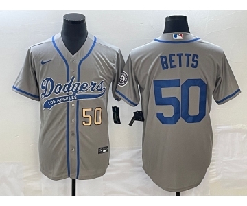 Men's Los Angeles Dodgers #50 Mookie Betts Number Grey With Patch Cool Base Stitched Baseball Jersey