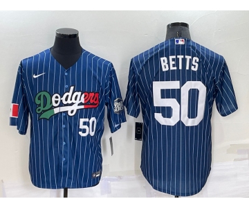 Men's Los Angeles Dodgers #50 Mookie Betts Number Navy Blue Pinstripe 2020 World Series Cool Base Nike Jersey