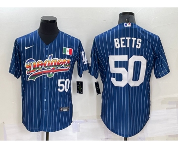 Mens Los Angeles Dodgers #50 Mookie Betts Number Rainbow Blue Red Pinstripe Mexico Cool Base Nike Jersey