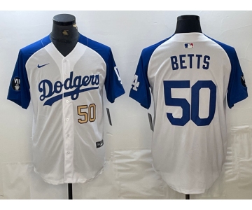 Mens Los Angeles Dodgers #50 Mookie Betts Number White Blue Fashion Stitched Cool Base Limited Jersey