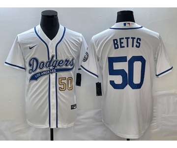 Men's Los Angeles Dodgers #50 Mookie Betts Number White With Patch Cool Base Stitched Baseball Jersey