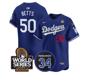 Men's Los Angeles Dodgers #50 Mookie Betts Royal 2024 World Series With Fernando Memorial Patch Limited Stitched Baseball Jersey