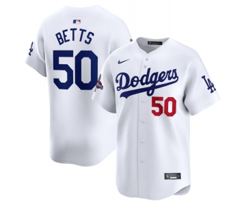 Men's Los Angeles Dodgers #50 Mookie Betts White 2024 World Series Champions Home Limited Stitched Baseball Jersey