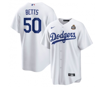 Men's Los Angeles Dodgers #50 Mookie Betts White 2024 World Series Cool Base Stitched Baseball Jersey