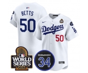 Men's Los Angeles Dodgers #50 Mookie Betts White 2024 World Series With Fernando Memorial Patch Limited Stitched Baseball Jersey