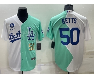 Mens Los Angeles Dodgers #50 Mookie Betts White Green Number 2022 Celebrity Softball Game Cool Base Jersey