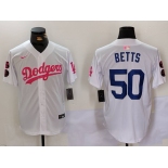 Men's Los Angeles Dodgers #50 Mookie Betts White Pink Vin & Kobe Patch Stitched Baseball Jersey1