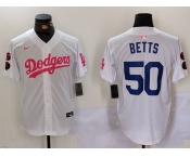 Men's Los Angeles Dodgers #50 Mookie Betts White Pink Vin & Kobe Patch Stitched Baseball Jersey1