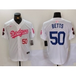 Men's Los Angeles Dodgers #50 Mookie Betts White Pink Vin & Kobe Patch Stitched Baseball Jersey