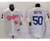 Men's Los Angeles Dodgers #50 Mookie Betts White Pink Vin & Kobe Patch Stitched Baseball Jersey