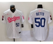 Men's Los Angeles Dodgers #50 Mookie Betts White Pink Vin & Kobe Patch Stitched Baseball Jerseys