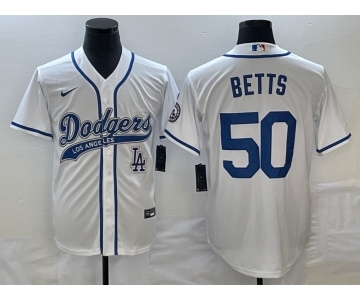 Men's Los Angeles Dodgers #50 Mookie Betts White With Patch Cool Base Stitched Baseball Jersey1