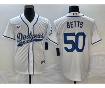 Men's Los Angeles Dodgers #50 Mookie Betts White With Patch Cool Base Stitched Baseball Jersey