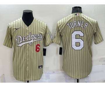 Men's Los Angeles Dodgers #6 Trea Turner Number Cream Pinstripe Stitched MLB Cool Base Nike Jersey