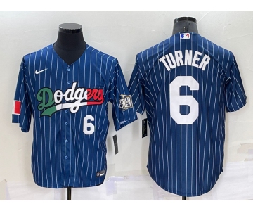 Men's Los Angeles Dodgers #6 Trea Turner Number Navy Blue Pinstripe 2020 World Series Cool Base Nike Jersey