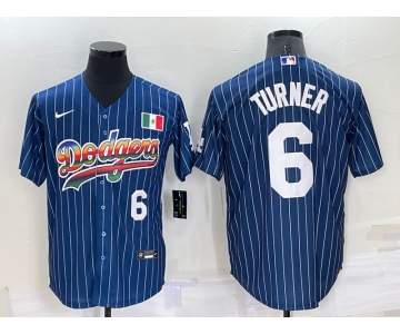 Mens Los Angeles Dodgers #6 Trea Turner Number Rainbow Blue Red Pinstripe Mexico Cool Base Nike Jersey