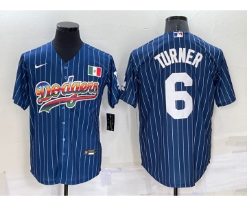 Men's Los Angeles Dodgers #6 Trea Turner Rainbow Blue Red Pinstripe Mexico Cool Base Nike Jersey