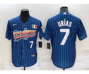 Men's Los Angeles Dodgers #7 Julio Urias Number Rainbow Navy Blue Pinstripe Mexico Cool Base Nike Jersey