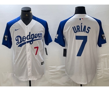 Mens Los Angeles Dodgers #7 Julio Urias Number White Blue Fashion Stitched Cool Base Limited Jersey