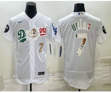 Mens Los Angeles Dodgers #7 Julio Urias Number White With Vin Scully Patch Flex Base Stitched Baseball Jersey