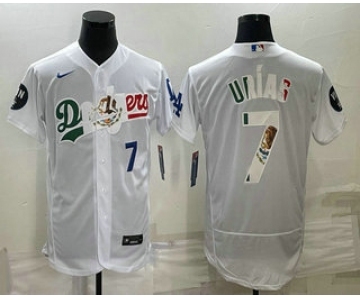 Men's Los Angeles Dodgers #7 Julio Urias Number White With Vin Scully Patch Flex Base Stitched Baseball Jerseys