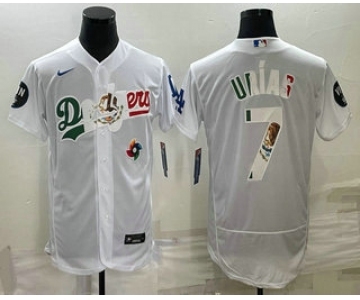 Men's Los Angeles Dodgers #7 Julio Urias White With Vin Scully Patch Flex Base Stitched Baseball Jersey