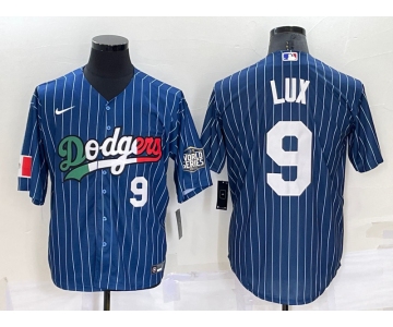 Men's Los Angeles Dodgers #9 Gavin Lux Number Navy Blue Pinstripe 2020 World Series Cool Base Nike Jersey