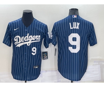 Men's Los Angeles Dodgers #9 Gavin Lux Number Navy Blue Pinstripe Stitched MLB Cool Base Nike Jersey