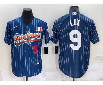 Mens Los Angeles Dodgers #9 Gavin Lux Number Rainbow Blue Red Pinstripe Mexico Cool Base Nike Jersey