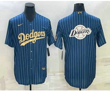 Men's Los Angeles Dodgers Big Logo Navy Blue Pinstripe Stitched MLB Cool Base Nike Jersey2