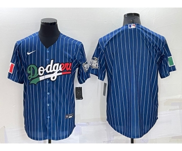 Men's Los Angeles Dodgers Blank Navy Blue Pinstripe Mexico 2020 World Series Cool Base Nike Jersey