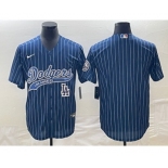 Men's Los Angeles Dodgers Blue Pinstripe Blank With Patch Cool Base Stitched Baseball Jersey