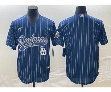 Men's Los Angeles Dodgers Blue Pinstripe Blank With Patch Cool Base Stitched Baseball Jersey