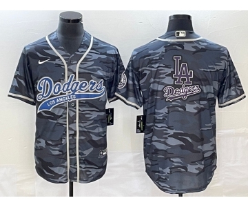 Men's Los Angeles Dodgers Gray Camo Team Big Logo Cool Base With Patch Stitched Baseball Jersey 1