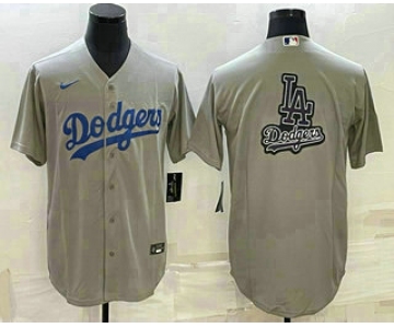 Men's Los Angeles Dodgers Grey Team Big Logo Cool Base Stitched Baseball Jersey1