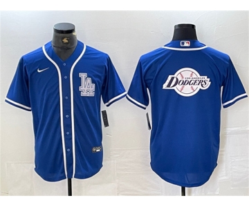 Mens Los Angeles Dodgers Team Big Logo Blue Cool Base Stitched Baseball Jersey